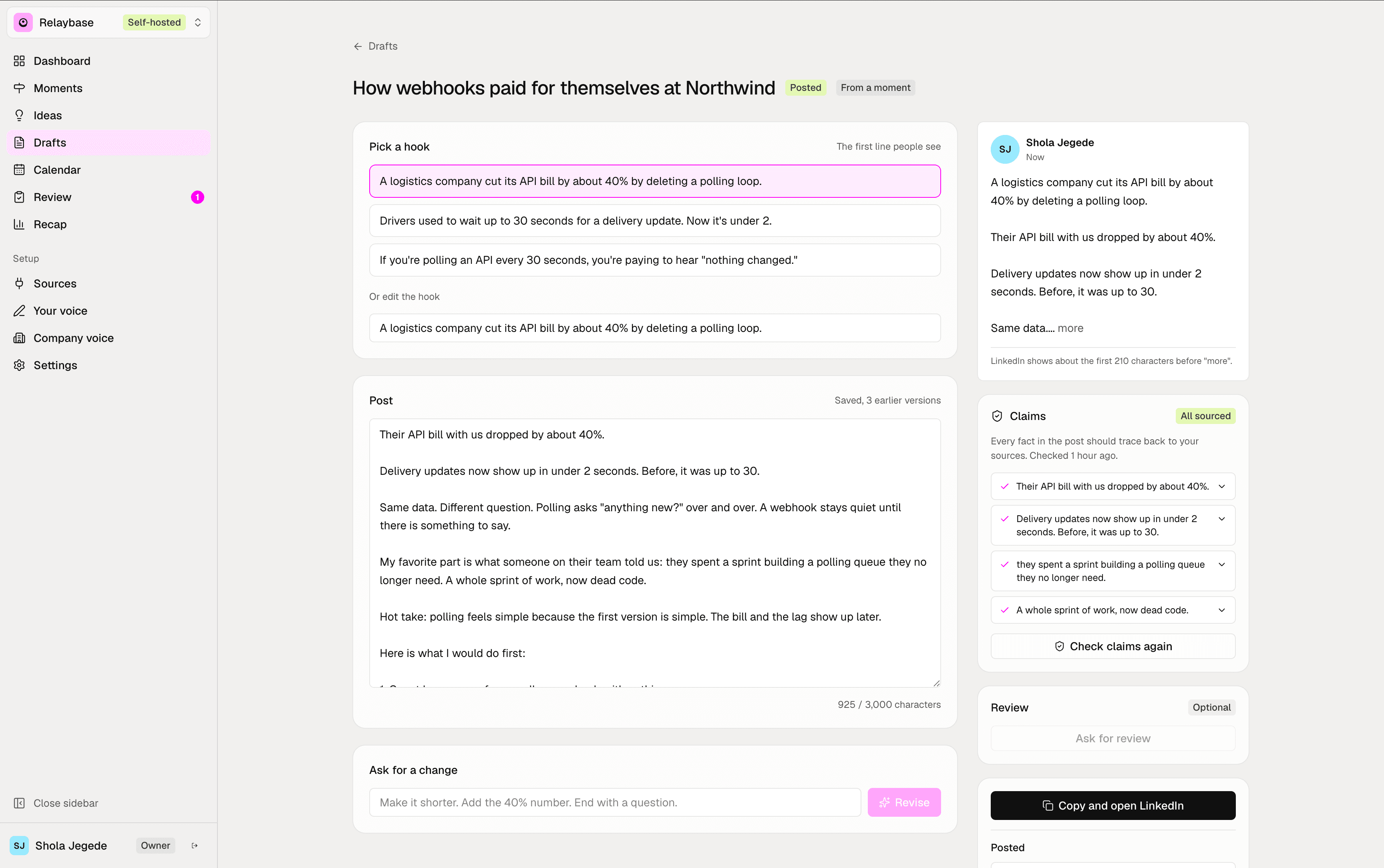 A company page draft with three hooks, a LinkedIn preview, and every claim traced to its source