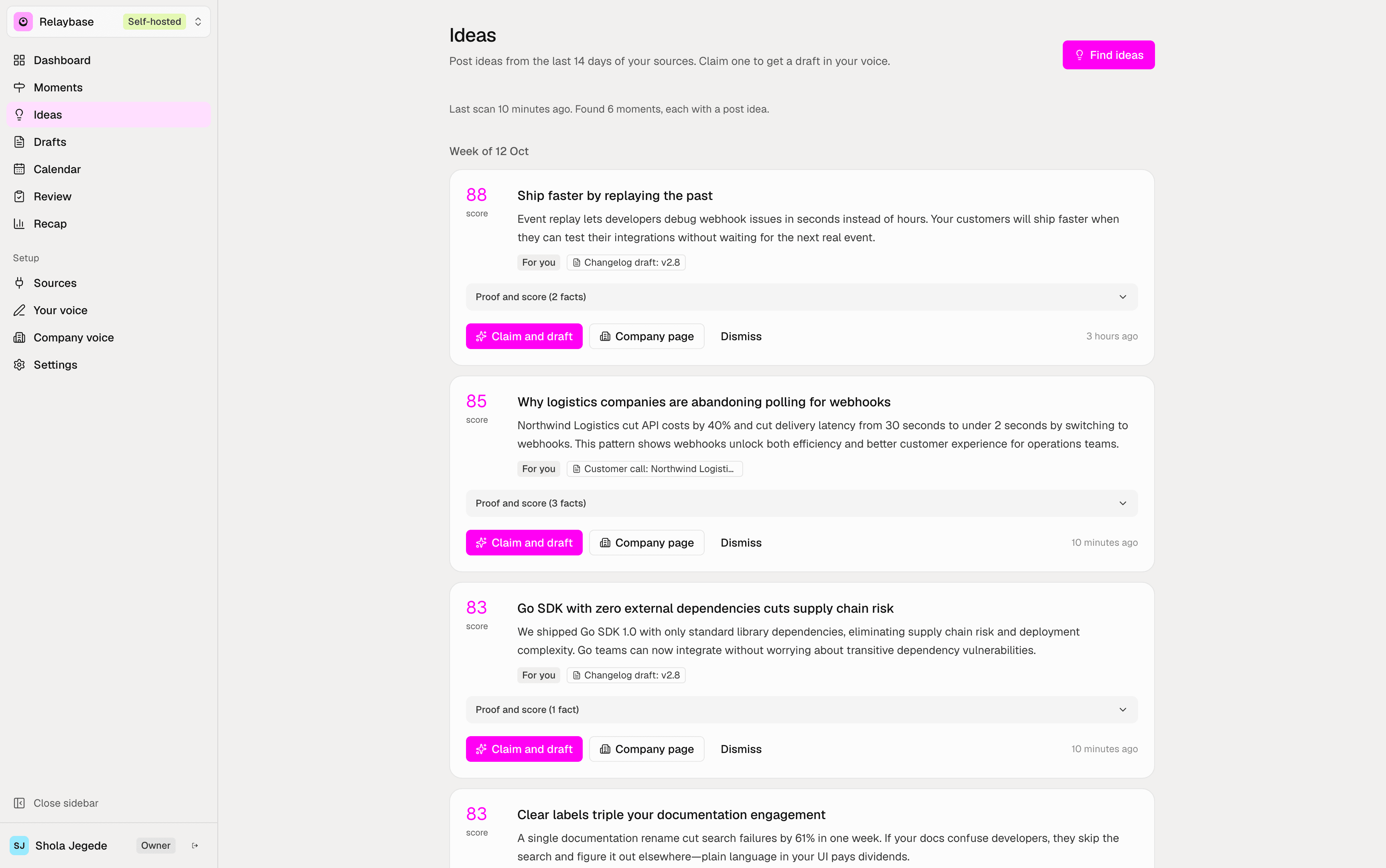 The Ideas page: scored post ideas from the team's notes, each with its source and proof