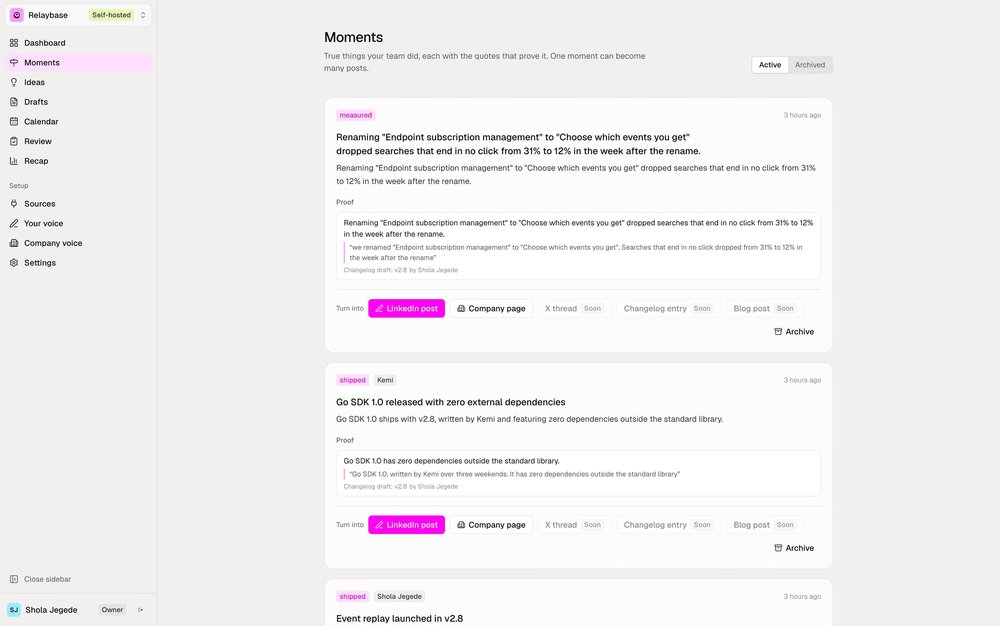 The Moments page: true things the team did, each fact with its exact quote and source