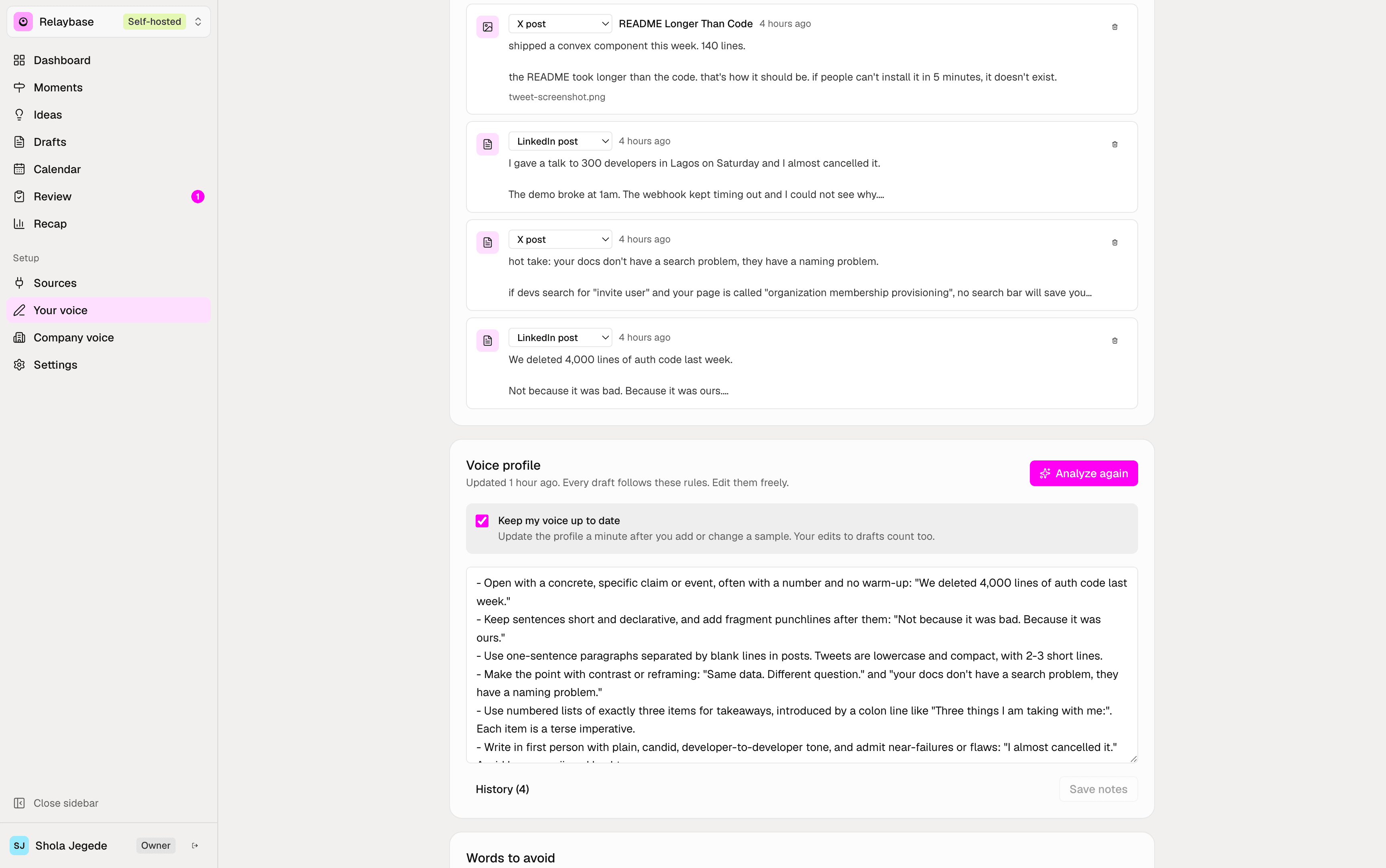 A voice profile built from posts, a tweet screenshot, and a blog post, with version history
